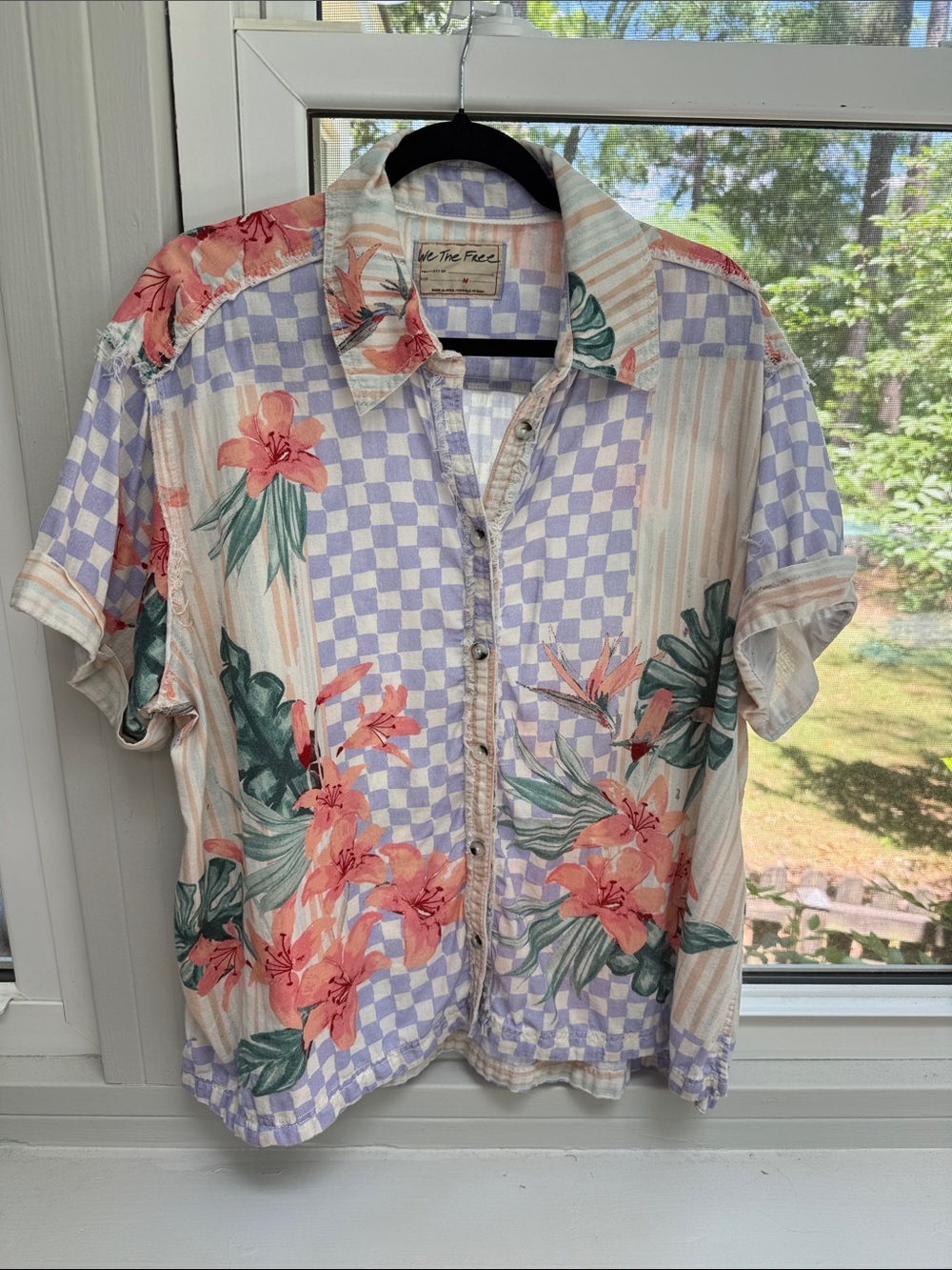 We The Free Lavender & Coral Floral Check Button-Down Shirt Sz M